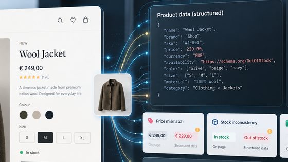 Produktseite mit Preis 249 € und „In stock“ neben den strukturierten Produktdaten mit 229 € und „OutOfStock“, dazu Hinweise auf die Widersprüche bei Preis und Bestand